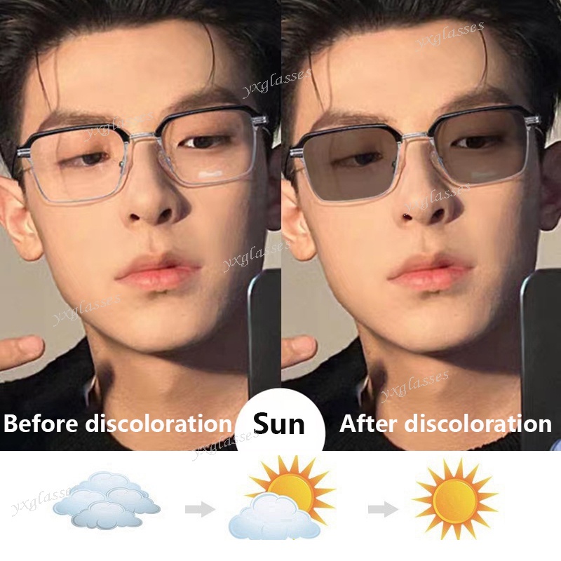 Kính Mát Gọng Vuông Kim Loại Chống Tia UV Ánh Sáng Xanh Thay Đổi Màu Sắc Thời Trang Cho Nam Và Nữ