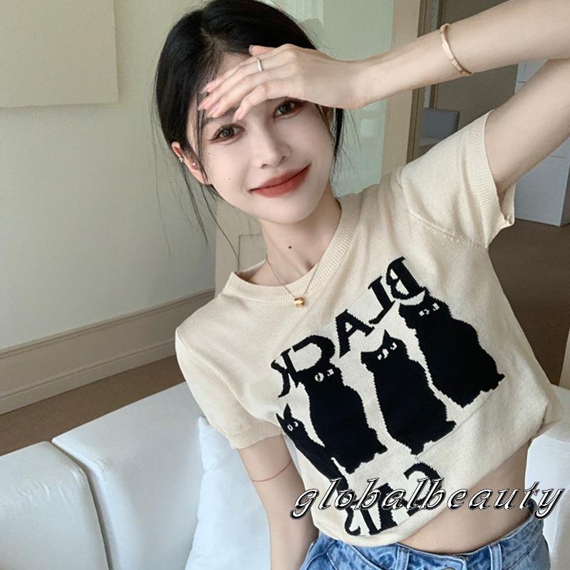 Áo Thun Tay Ngắn Cổ Tròn In Hình Mèo Thời Trang Dành Cho Nữ