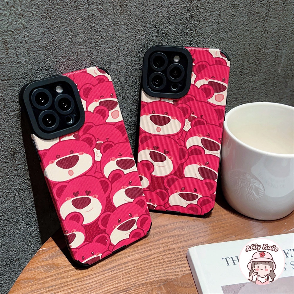 Ốp Điện Thoại Da Giả Viền TPU Dẻo Họa Tiết Chú Gấu &amp; Dâu Tây Màu Hồng Cho IPhone 14 Pro Max 11 12 11 Pro Max X 7Plus