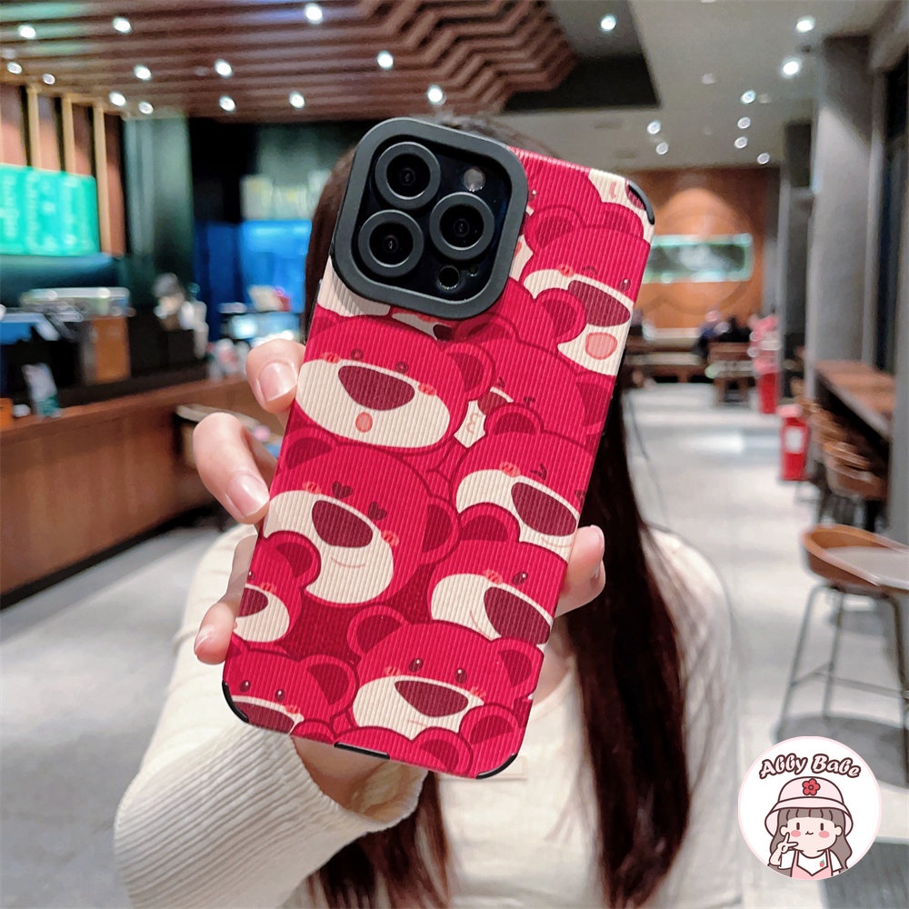 Ốp Điện Thoại Da Giả Viền TPU Dẻo Họa Tiết Chú Gấu &amp; Dâu Tây Màu Hồng Cho IPhone 14 Pro Max 11 12 11 Pro Max X 7Plus