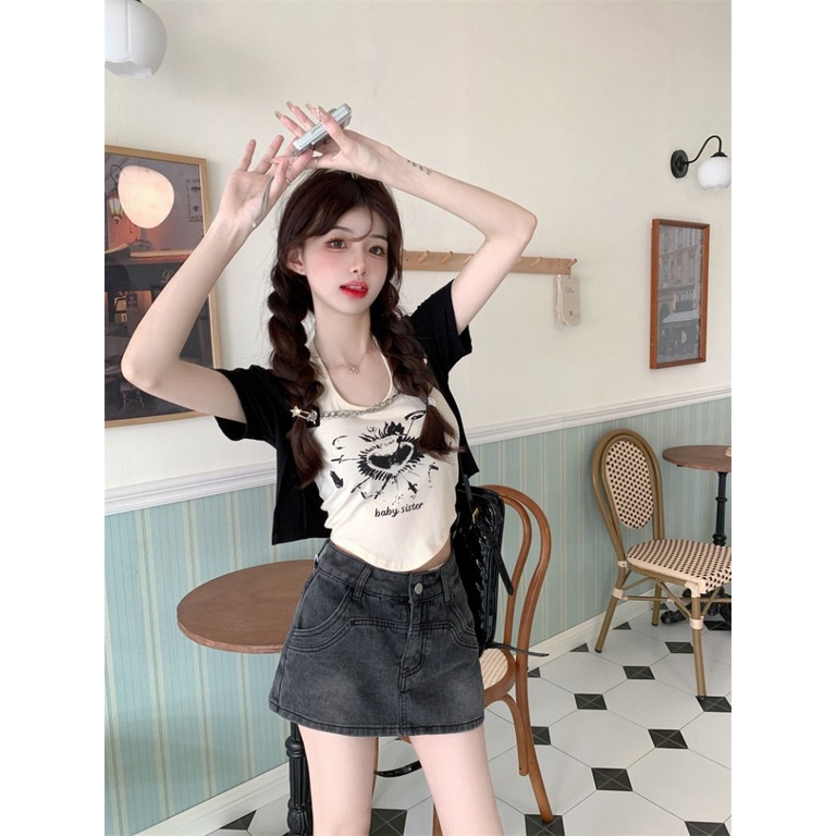 Áo baby tee Thun croptop Đồ Mùa Hè 2 Món Gồm Áo Cardigan Tay Cộc Cổ Yếm In Họa Tiết Màu Sắc Tương Phản Kèm Áo Khoác Dạng Dây Xích Cho Nữ
