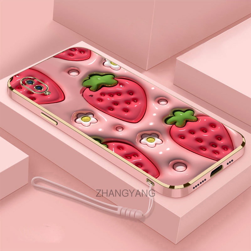 Ốp Điện Thoại Silicon Mạ Điện Hình Dâu Tây 3D Đáng Yêu Có Dây Đeo Cho vivo y91c y1s y93 v11