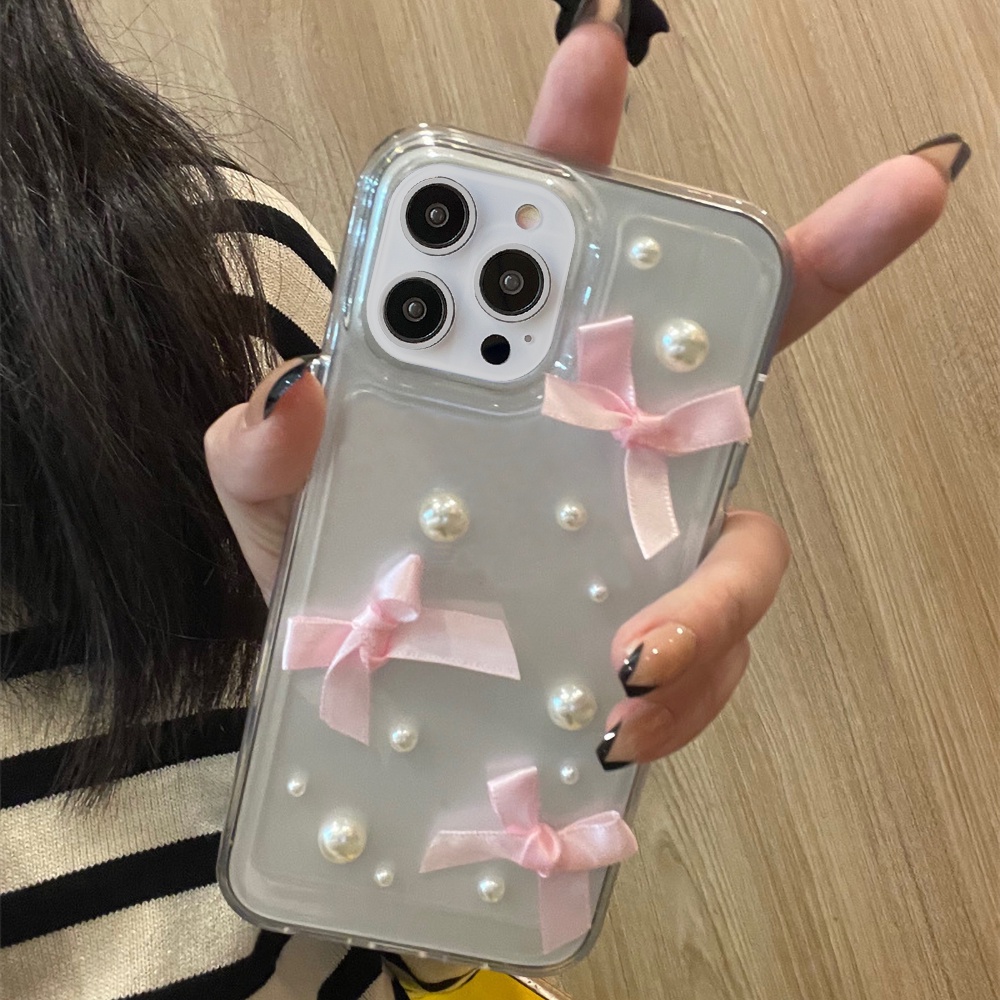 Ốp Điện Thoại TPU Mềm Đính Nơ Ngọc Trai 3D Chống Sốc Chống Trượt Cho IPhone 14 Pro Max 13 12 11 Pro Max