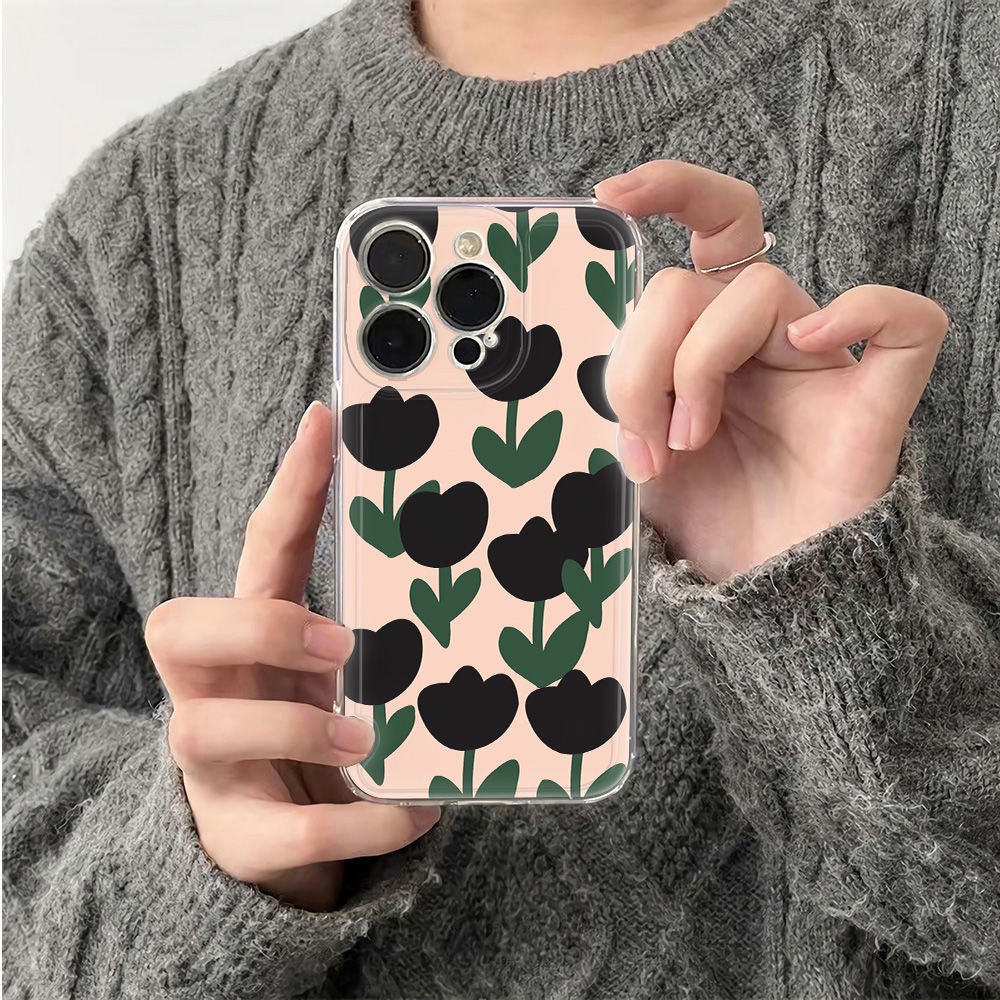 ✅Ốp Điện Thoại Mềm Hình Hoa Tulip Đen Chống Sốc Cho Iphone12 14pro78 13 max11 Plus6In OQGO