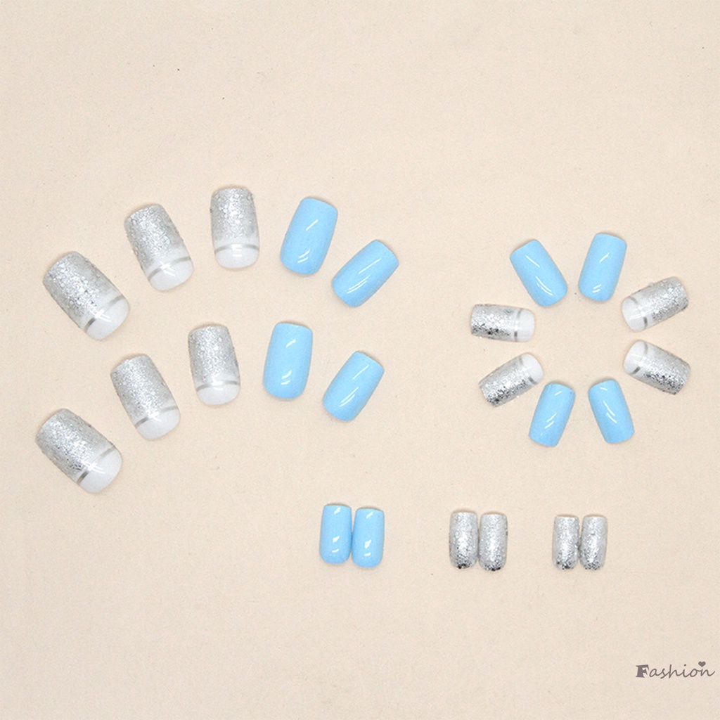 Móng Tay Giả Hình Vuông Đính Kim Sa Lấp Lánh Màu Xanh Da Trời