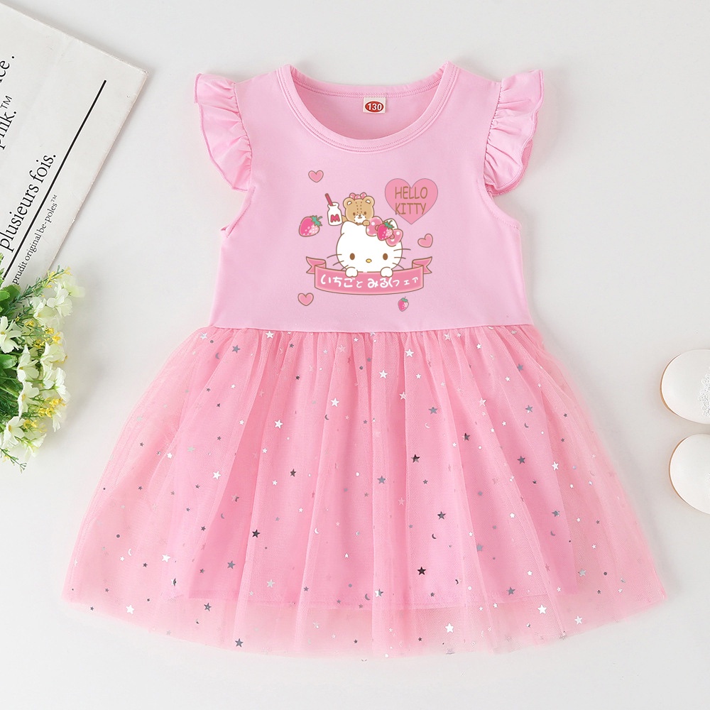 Đầm Công Chúa Tay Ngắn Phối Bèo Họa Tiết Mèo Hoạt Hình Dễ Thương Cho Bé Gái