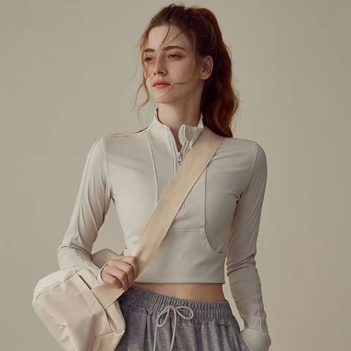 Áo Khoác Thể Thao Dài Tay Ôm Dáng Có Khóa Kéo Nửa Dùng Tập Yoga Chạy Bộ Cho Nữ