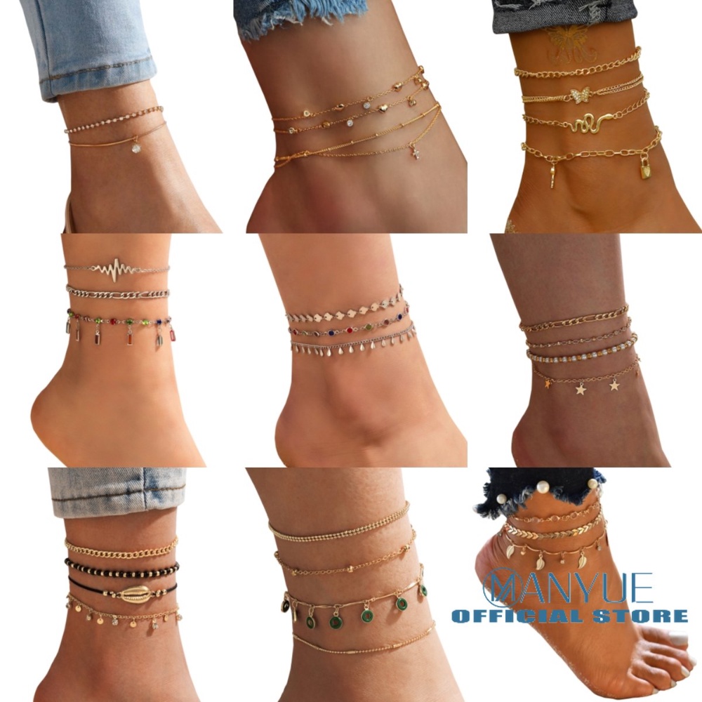 MANYUE Lắc Chân Nhiều Lớp Họa Tiết Trăng Sao Đính Đá Thời Trang