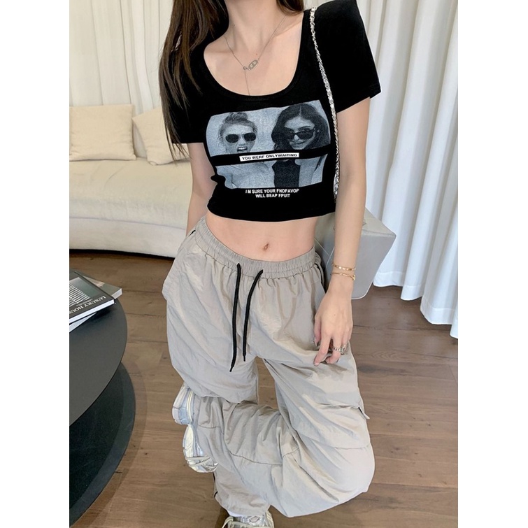 Áo baby tee Thun croptop Cotton Ngắn Tay Cổ Chữ u Màu Đen Phong Cách Retro Mỹ Thời Trang Mùa Hè 2023 Dành Cho Nữ