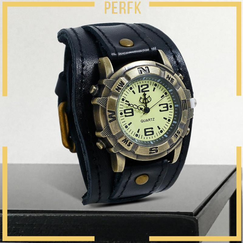 Đồng Hồ Đeo Tay Dây Da Màu Đen Phong Cách Punk Vintage Cho Nam