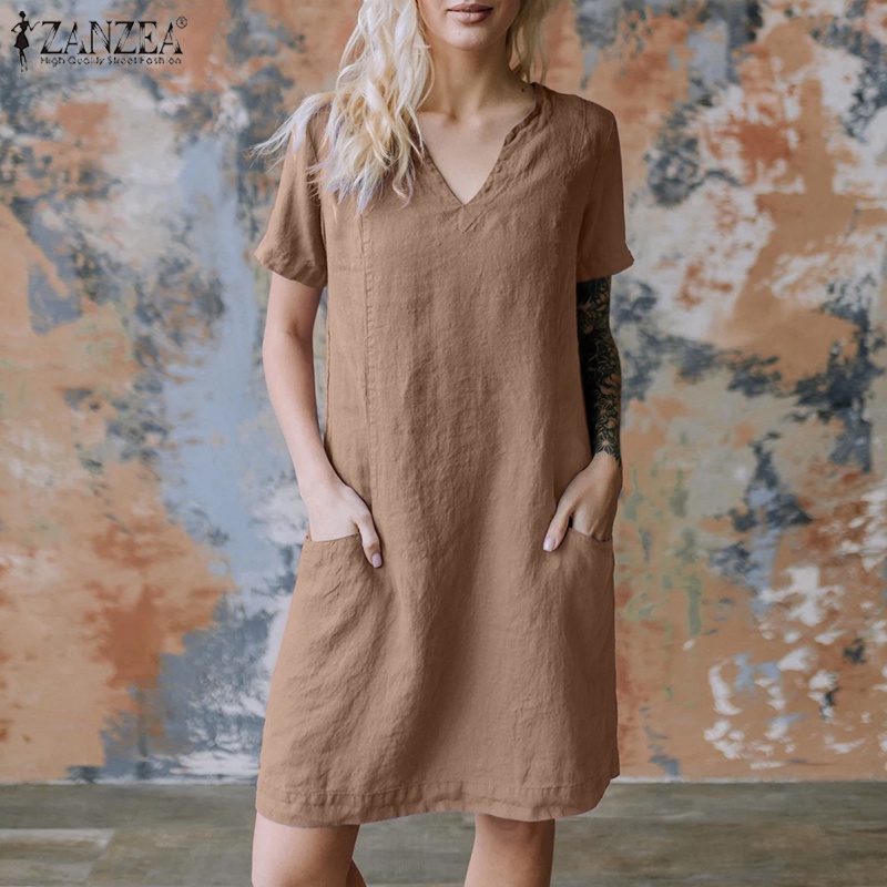 ZANZEA Đầm Ngắn Tay Cổ Chữ V Có Túi Phong Cách Vintage Nữ Tính