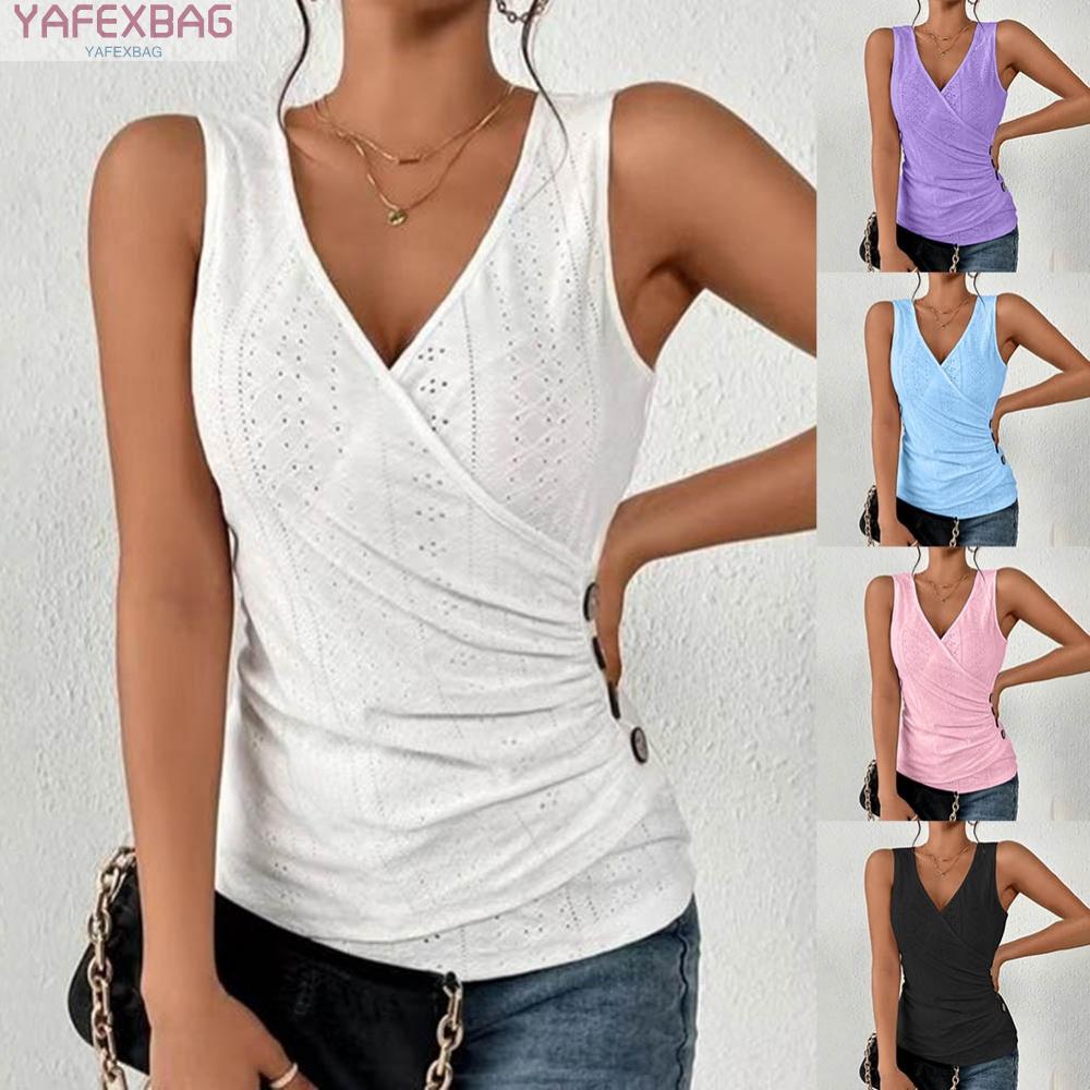 Womens Wrap V Neck Tank Top Solid Sleeveless Ruched Button Fit Slim Summer Tops