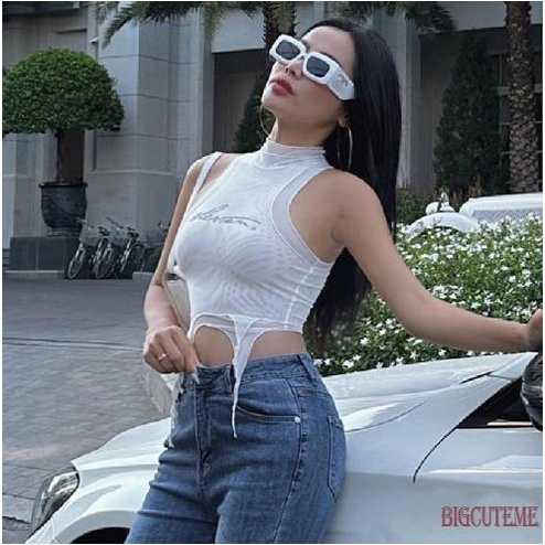 [] - Áo Thun Không Tay Cổ Lọ Đính Kim Sa Chữ Cái Thời Trang Đi Hộp Đêm Cho Nữ