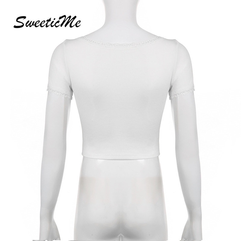 Áo Thun Tay Ngắn Cổ Chữ V Màu Trơn Phối Ren Thời Trang 2023 Cho Nữ