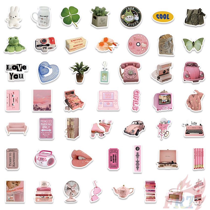 Bộ 100 Cái ❉ Sticker Dán Tường Màu Hồng Phong Cách Vintage ❉ Sticker Dán Tường Chống Thấm Nước Họa Tiết Doodle Hợp Thời Trang
