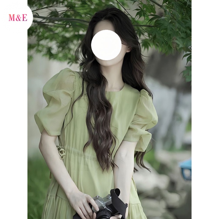 M &amp; E Đầm Dài Tay Phồng Màu Xanh Lá Mùa Hè 2023 Phong Cách Cổ Tích Rừng Ngọt Ngào Phong Cách Pháp 2023 Mới Cho Nữ