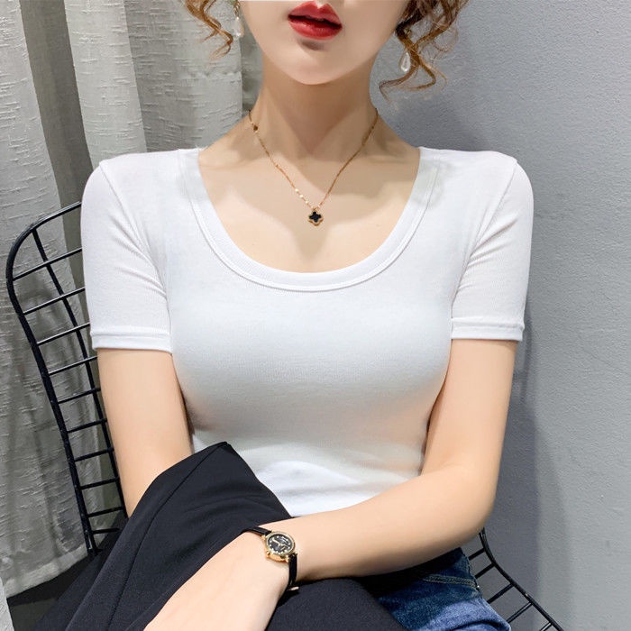 Áo Thun Nữ Ngắn Tay Cổ Chữ U Vải Cotton