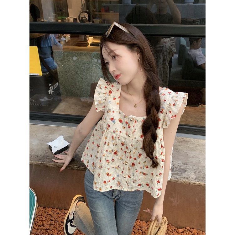 Áo Sơ Mi Tay Ngắn Cổ Vuông Cài Một Hàng Nút Họa Tiết Hoa Ngọt Ngào Thời Trang