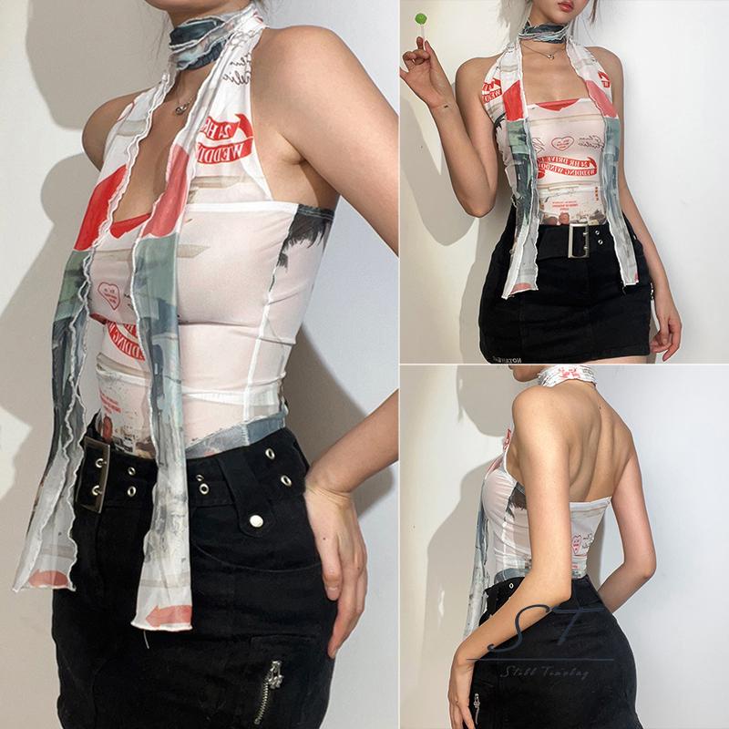 Áo Hai Dây Dáng Ngắn In Họa Tiết Trái Tim / Chữ Phong Cách Cổ Điển Thời Trang Mùa Hè CY03