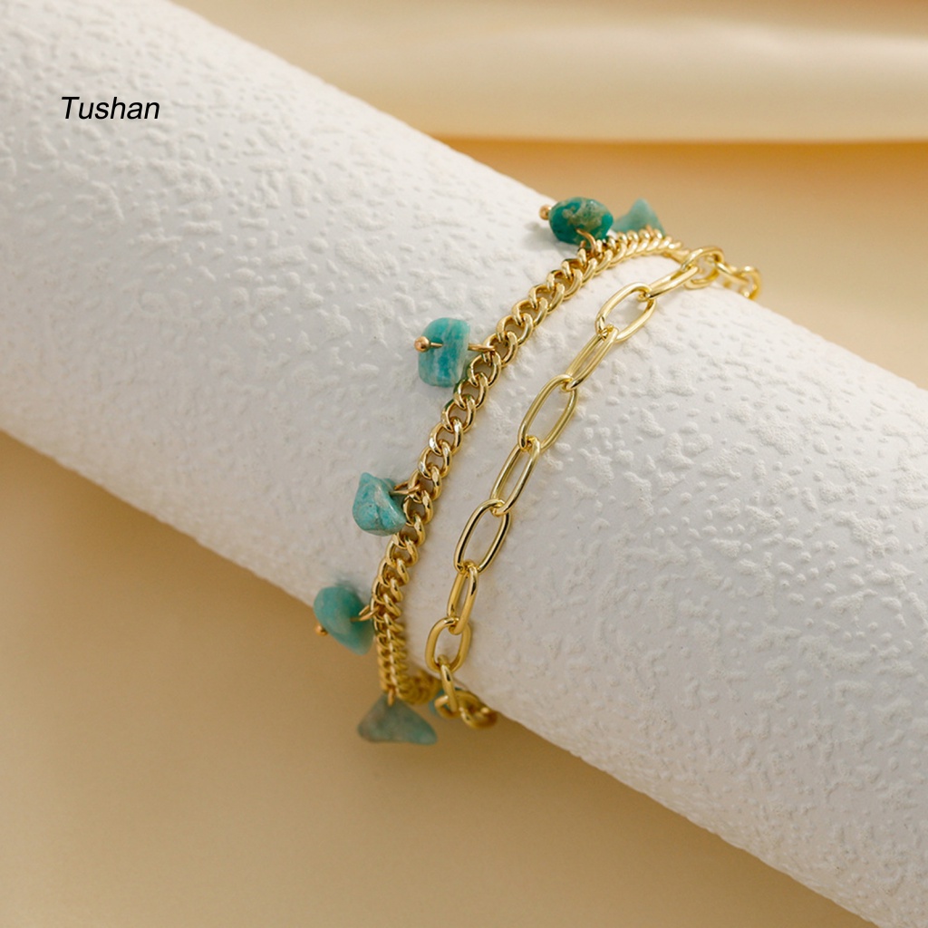 Vòng Đeo Tay Hai Lớp Đính Đá Ngọc Lam Nhân Tạo Phong Cách Bohemian Dành Cho Nữ