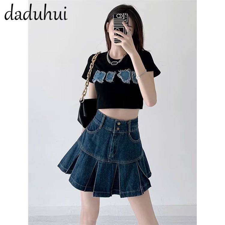 Daduhui New Korean Version of Ins Blue Denim Skirt High Waist Niche Pleated Skirt A- line Skirt Bag Hip Skirt