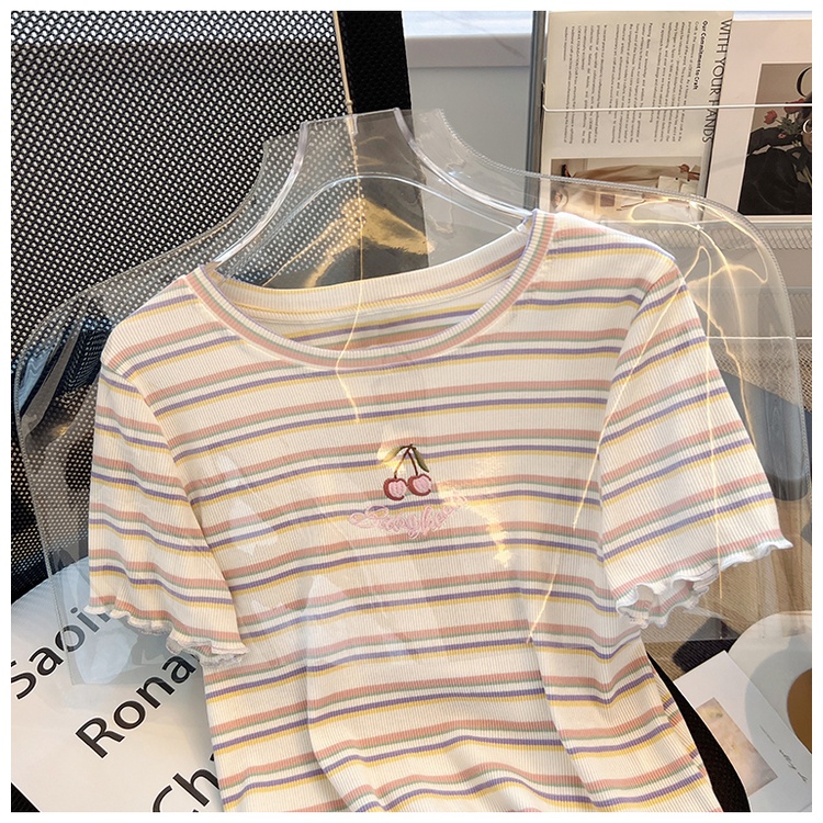 Áo Thun Ngắn Tay Họa Tiết Kẻ Sọc Màu Tương Phản Thời Trang Mùa Hè Mới Cho Nữ