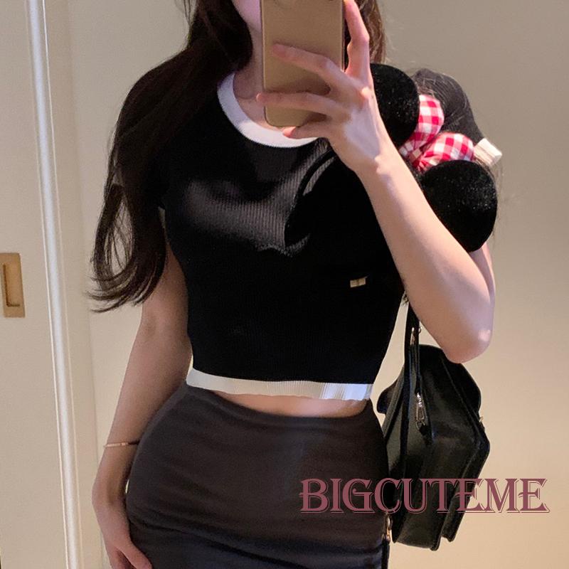 Áo Croptop Dệt Kim Tay Ngắn Cổ Tròn Màu Sắc Tương Phản Thời Trang Đường Phố Cho Nữ