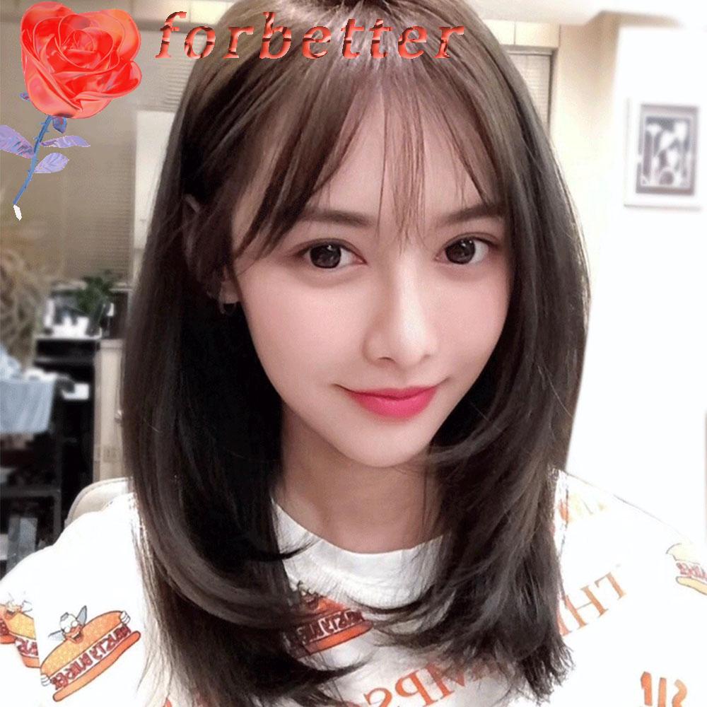 Bộ Tóc Giả Ngắn Thẳng Màu Đen / Nâu Đậm Có Mái Chịu Nhiệt Chống Mòn Dùng Hàng Ngày