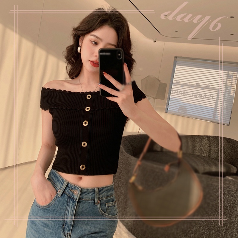 Áo Dệt Kim Tay Ngắn Trễ Vai Phối Ren Màu Trơn Thời Trang Cho Nữ