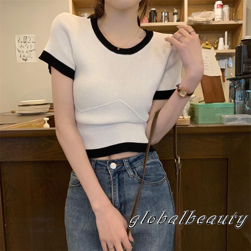 Áo Thun Dệt Kim Tay Ngắn Cổ Tròn Màu Sắc Tương Phản Phong Cách Thời Trang Đường Phố Cho Nữ