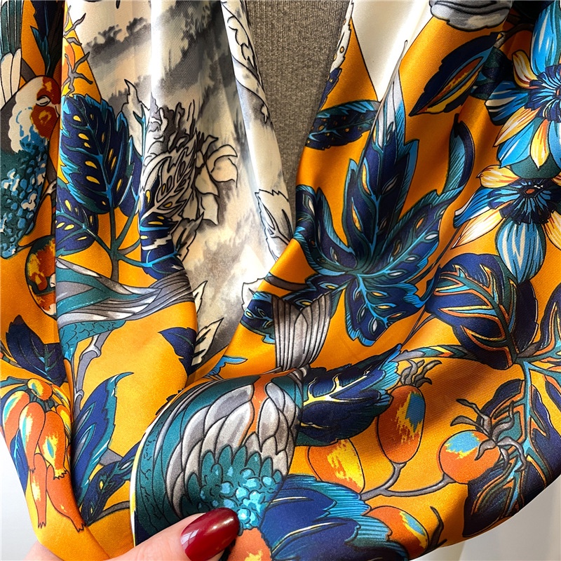 Khăn Choàng Vuông Cỡ Lớn 110cm Bằng Satin Họa Tiết Hoa Và Chim Thời Trang Mùa Hè