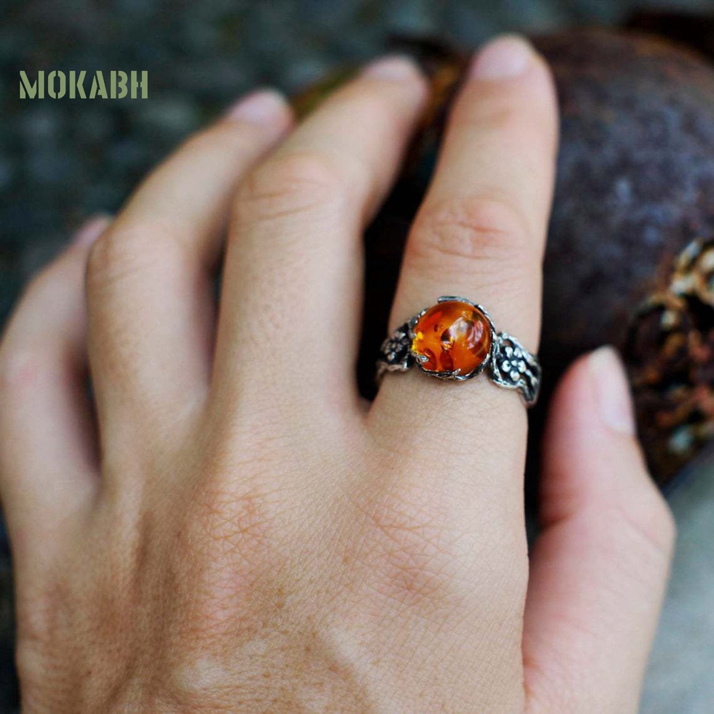 [Mới] Nhẫn Bạc Họa Tiết Hoa Rỗng Màu Hổ Phách Sang Trọng Cá Tính Dành Cho Nữ