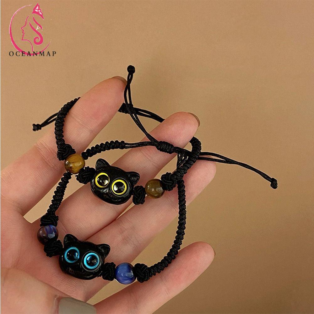 Vòng Tay Dây Bện Mặt Mèo Đen Phong Cách Hình Học Sáng Tạo