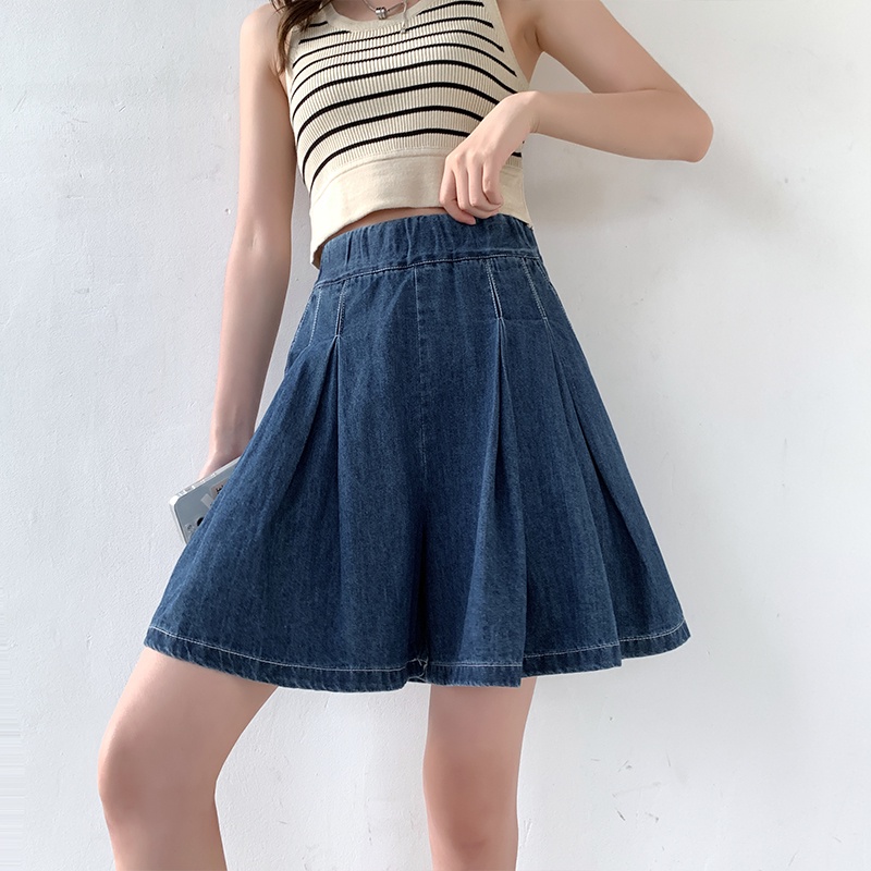 Quần Short Denim Ống Rộng Lưng Cao Xếp Ly Cỡ Lớn Thời Trang Mùa Hè Cho Nữ