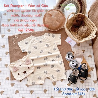 Set áo liền quần dành cho em bé Set Romper + Yếm cổ Gấu.