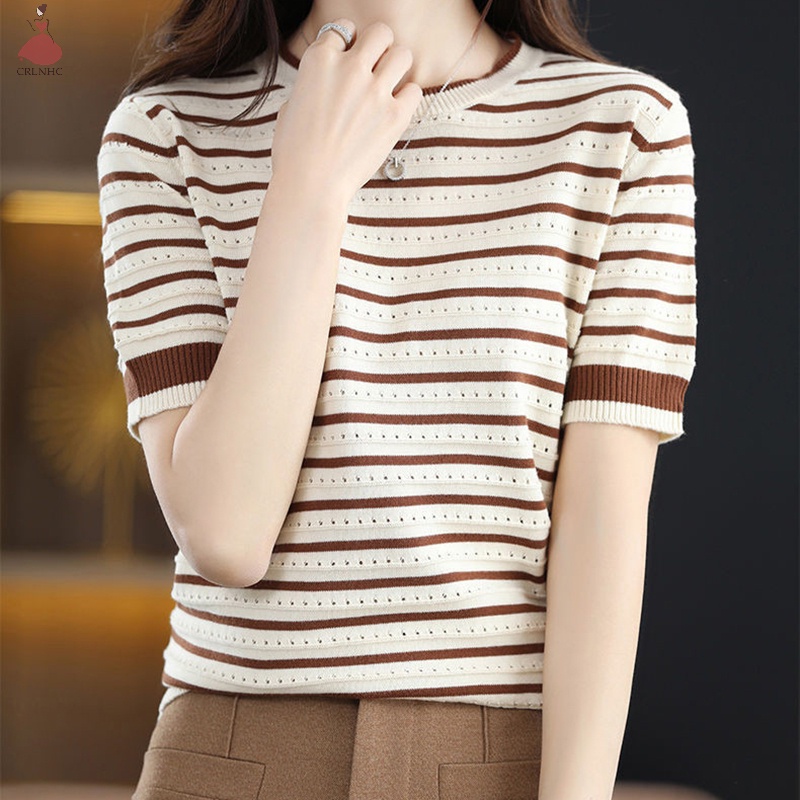Áo Thun Dệt Kim Tay Ngắn Cổ Tròn Họa Tiết Kẻ Sọc Phong Cách Vintage Hàn Quốc Thời Trang Mùa Hè Cho Nữ