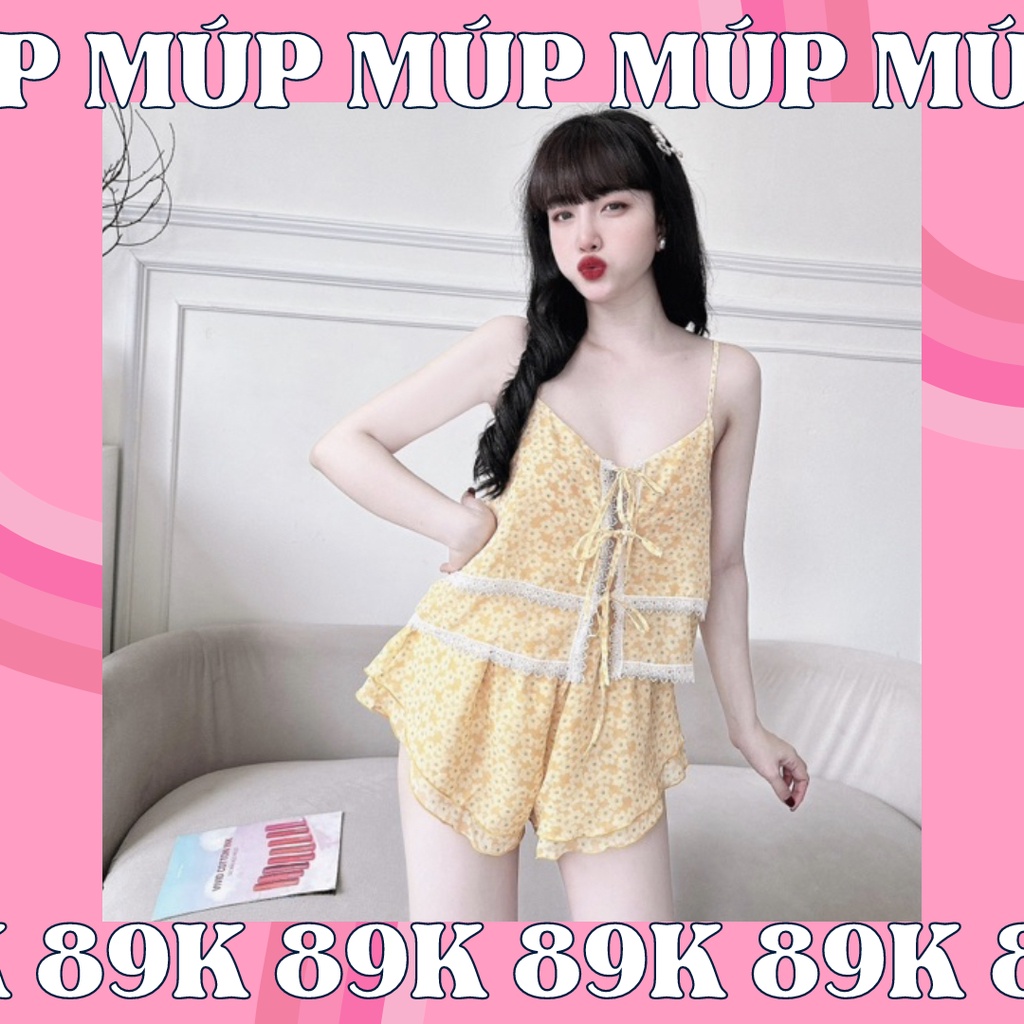 Set Đồ Nữ Bộ Ngủ Áo Kiểu Nữ Sexy 2 Dây Chất Voan Cao Cấp Phối Ren Kiểu 2 Tầng Quần 2 Tầng Áo Cột Dây MÚP dưới 65 kg
