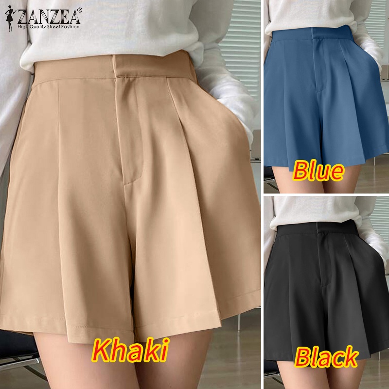 ZANZEA Quần Short Lưng Cao Xếp Ly Có Túi Bên Hông Phong Cách Hàn Quốc Đơn Giản Dễ Phối Đồ Cho Nữ