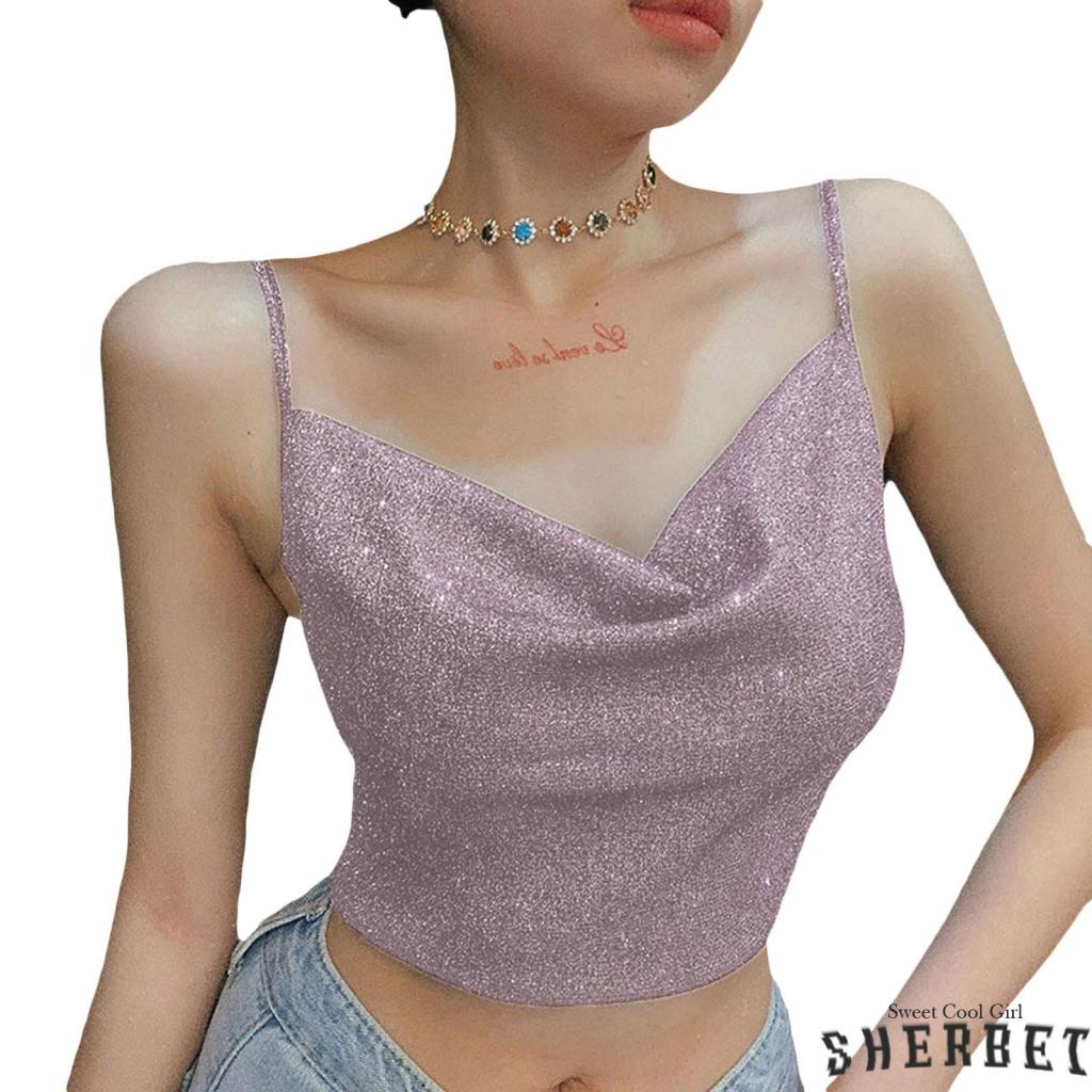 Áo Croptop Hai Dây Cổ Chữ V Khoét Sâu Màu Đen Sáng Bóng LAA8 Thời Trang Mùa Hè Cho Bạn Gái