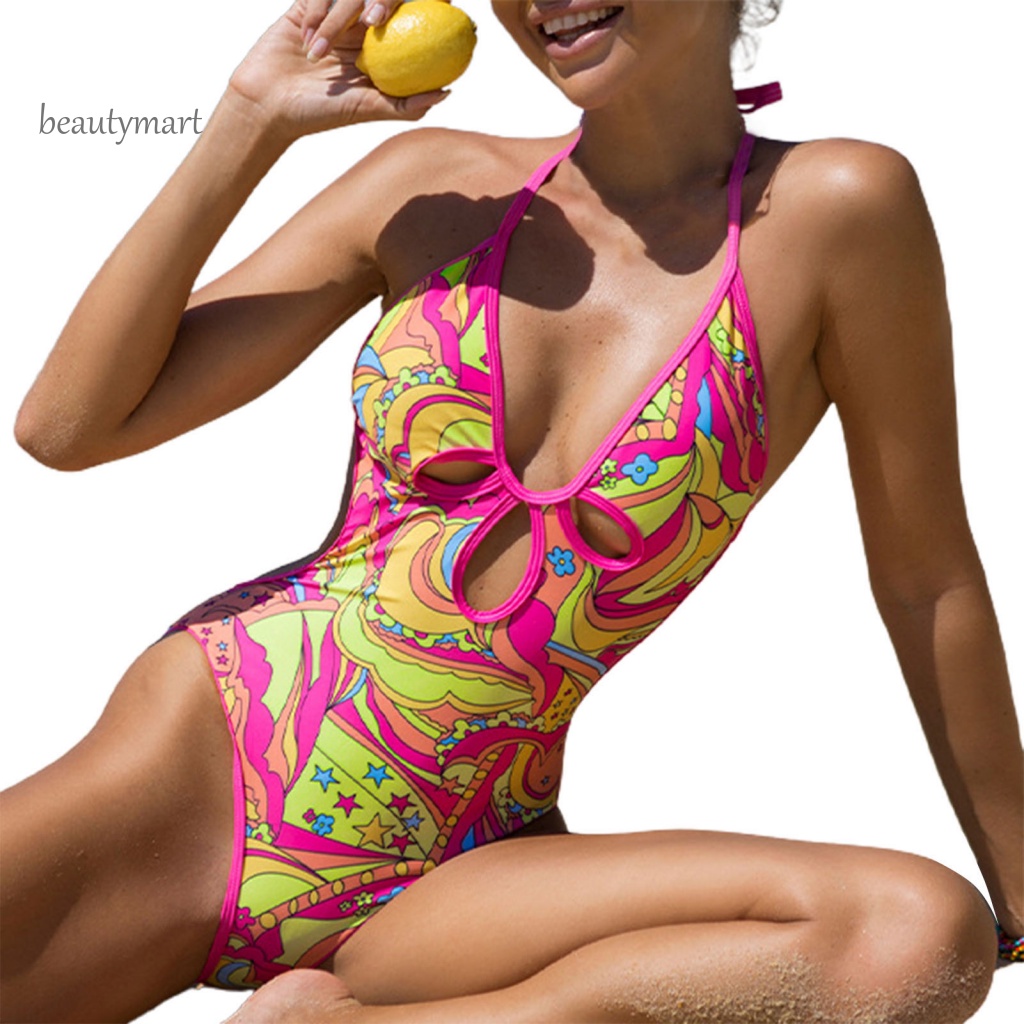[beautymart] Bộ Đồ Bơi Liền Thân Cổ Yếm Hở Lưng In Họa Tiết Nhiều Màu Sắc Thời Trang Mùa Hè Cho Nữ