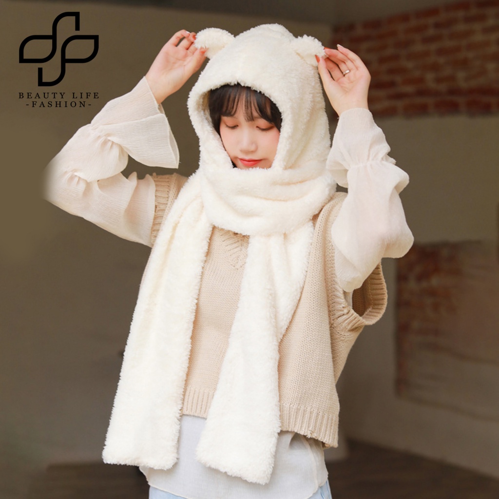 Mũ Trùm Đầu Kèm Khăn Choàng Cổ Màu Trơn Giữ Ấm Mùa Đông Thiết Kế Tai Gấu Dễ Thương Thời Trang