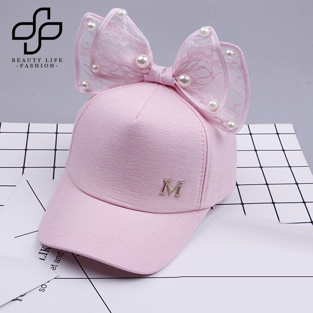 Mũ Lưỡi Trai Đính Nơ In Chữ M Đính Ngọc Trai Giả Thời Trang Mùa Hè Cho Bé Gái