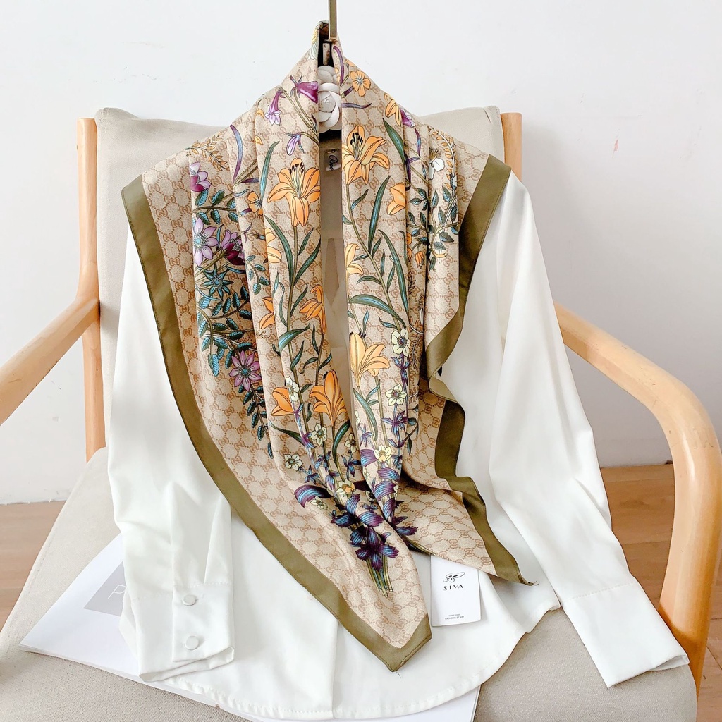 Khăn Quàng Cổ Lụa Hình Vuông Cỡ Lớn 90 * 90cm Chống Nắng Mùa Hè Dễ Phối Đồ In Họa Tiết Hoa Cho Nữ