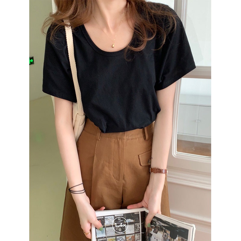 SUXI Áo Thun Ngắn Tay Dáng Rộng Màu Sắc Trơn Thời Trang Mùa Hè Hàn Quốc