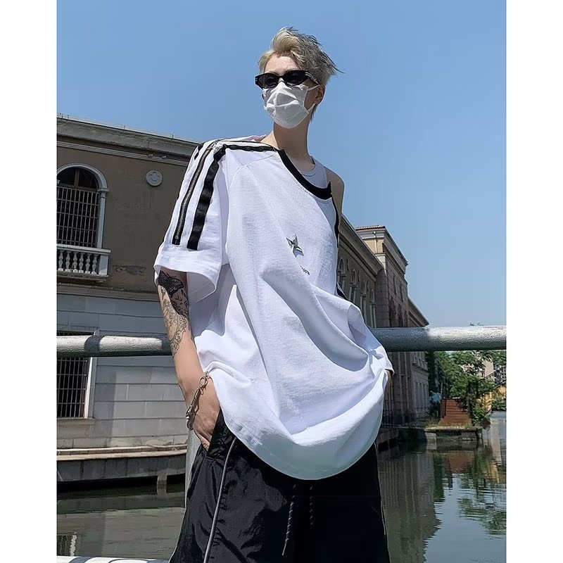 Áo Thun Tay Ngắn Phối Khóa Kéo Phong Cách Đường Phố Âu Mỹ Cá Tính Cho Nam