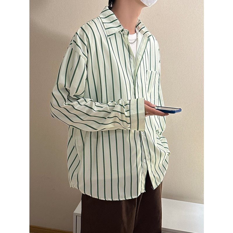 Áo Sơ Mi Nam Dài Tay Dáng Rộng Họa Tiết Kẻ Sọc Phong Cách Retro Nhật Bản