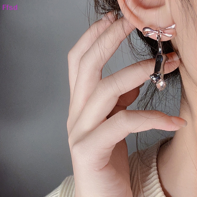 {Ffsd} Khuyên Tai Thả Hình Nơ / Trái Tim / Mèo Đen Đính Đá Ngọt Ngào Cho Nữ