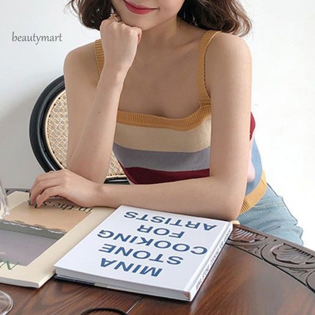 Áo Dệt Kim Hai Dây Ôm Dáng Co Giãn Họa Tiết Kẻ Sọc Cầu Vồng beautymartm1 Thời Trang Đường Phố