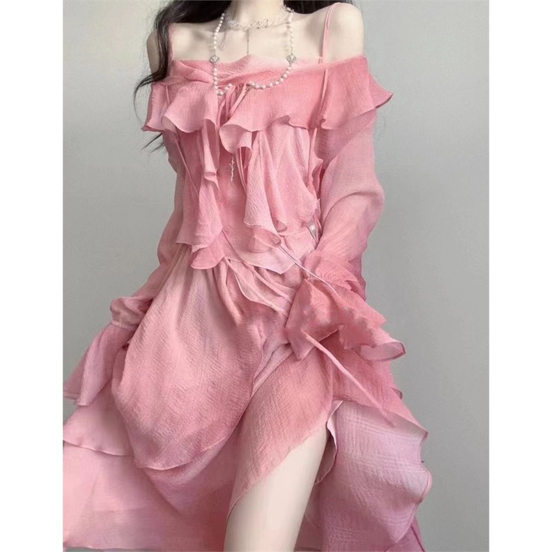 Set Áo Khoác Cardigan + Áo Hai Dây + Chân Váy Ngắn + Áo Khoác Nhẹ Nhàng Phong Cách Quyến Rũ