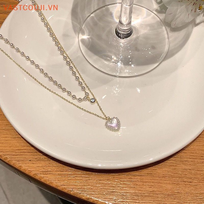 Vòng cổ Mặt Hình Trái Tim Đính Ngọc Trai Dễ Thương Cho Nữ